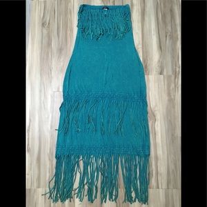 Turquoise fringe BOHO off shoulder maxi dress